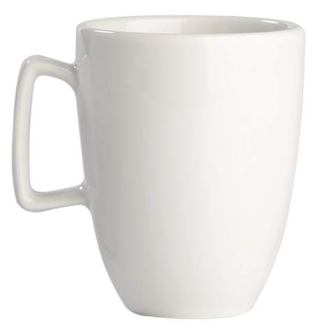 Weißer, edler Porzellanbecher von hochwertiger Qualität. Made in Europe. Ein edles Design mit eckigem Henkel.