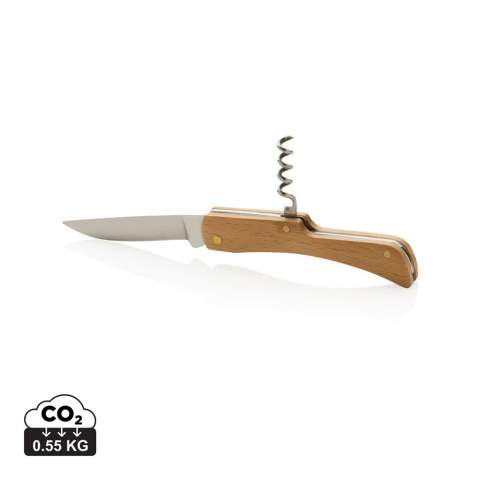 Foldable knife made with FSC 100% beech wood and high quality stainless steel (420) blade. On the reverse, there is a strong bottle opener. Rockwell hardness 42-52. Blade is food safe. Packed in FSC mix kraft box<br /><br />PVC free: true