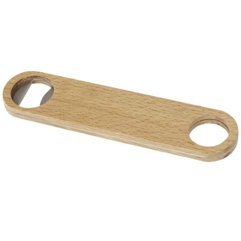 Flesopener van roestvrijstaal met houten oppervlak. Voorzien van een hanger aan het handvat.