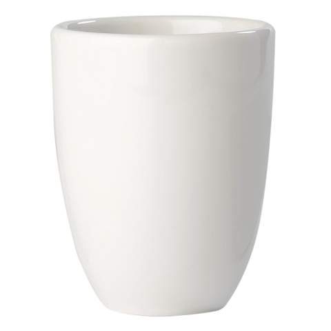 Weißer, edler Porzellanbecher von hochwertiger Qualität. Made in Europe. Ein edles Design mit eckigem Henkel.