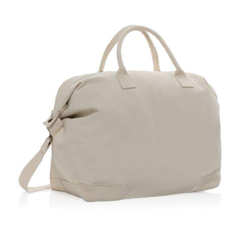 This deluxe weekend bag is a stylish and low impact option made with 500gsm recycled cotton canvas. It has beautiful detailing, brass hardware, and a spacious main compartment. Perfect for those looking for a high-quality, low impact travel bag. With AWARE™ tracer that validates the genuine use of recycled cotton. 2% of proceeds of each Impact product sold will be donated to Water.org.<br /><br />PVC free: true