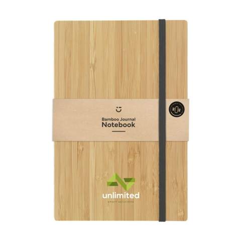 WoW! A5 size notebook with sturdy, FSC 100% certified bamboo hardcover. A striking feature is the naked spine binding. This feature is specially designed to have the open notebook lay as flat as possible. This makes it much easier to take notes and sketch. This notebook features a handy closing elastic and approx. 96 sheets/192 pages of cream-coloured, lined, FSC Mix certified paper.