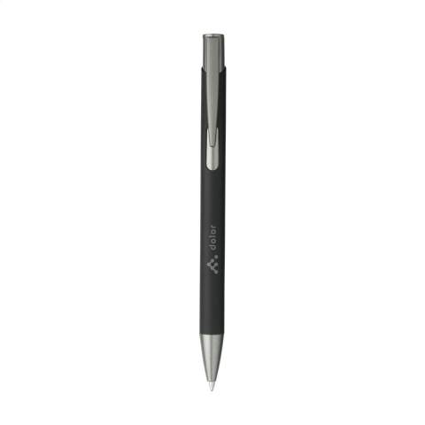 WoW! Blue ink ballpoint pen with a barrel made from 100% RCS-certified recycled aluminium. The barrel has a rubberised soft touch finish. With sturdy metal clip/push button and plastic tip. RCS-certified. Total recycled material: 24%.    By using recycled aluminium, fewer new raw materials are used during the production of this product. This means less energy consumption and less use of water.