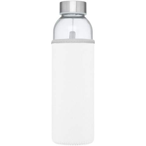 Single-walled glass bottle with screw-on lid. The lid features a strap for easy carrying, as well as a neoprene sleeve. Recommended for cold beverages. Do not freeze, do not microwave. Volume capacity is 500 ml. Presented in a gift box. 