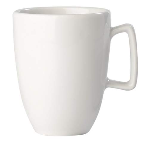 Weißer, edler Porzellanbecher von hochwertiger Qualität. Made in Europe. Ein edles Design mit eckigem Henkel.
