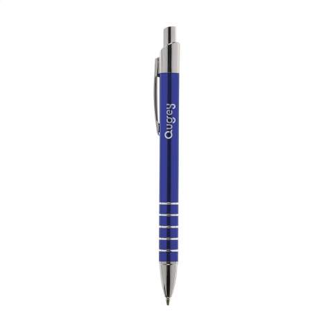 Blue ink, aluminium ballpoint pen in metallic look, with metal clip and trims.