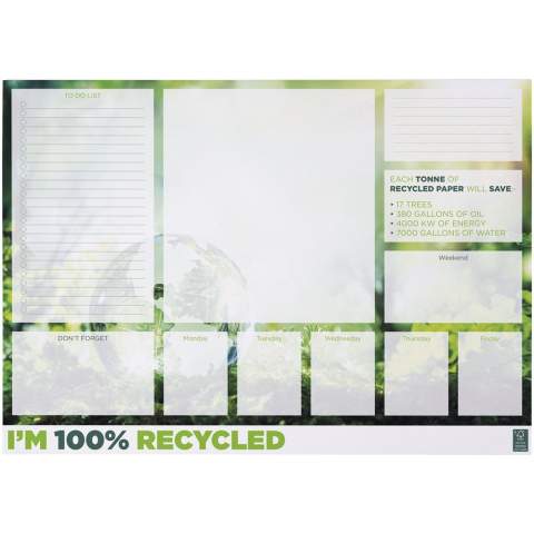 Bloc-notes Desk-Mate® A2 blanc avec des feuilles en papier recyclé 80 g/m². Marquage possible sur chaque feuille.  Trois tailles disponibles Trois tailles disponibles (25/50/100 feuilles). 