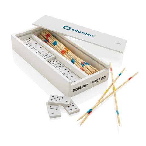 Schaffen Sie lustige Momente mit diesen klassischen Spielen! Die Box enthält Mikado und Domino. Das Mikado-Spiel enthält 41 Stäbchen und das Domino-Spiel 28 Blöcke in einer weißen Holzbox. Hergestellt aus FSC®-zertifiziertem Holz. Wird in einer FSC®-zertifizierten Geschenkverpackung aus Kraftpapier geliefert.