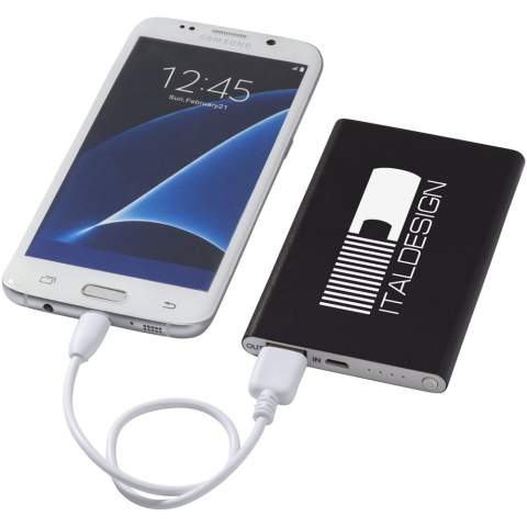 4000 mAh slim, lightweight aluminium power bank with grade A lithium polymer battery. The LED indicator lights up during charging and displays the remaining battery capacity in the power bank. Power bank’s input is 5V/1A and output is 5V/1A. Includes a USB to Micro-USB charging cable. Supplied in a blank white gift box.