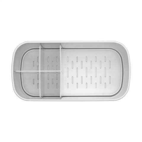 Praktische kunststof organiser voor de badkamer van het merk Brabantia. Compact design met 4 kleine vakken en 1 groot vak. Voor het overzichtelijk, gescheiden en rechtop opbergen van o.a. tandpasta, een tandenborstel, kam en andere accessoires. Alles blijft schoon en droog. De uitneembare  inzet heeft gaatjes voor ventilatie en het afvoeren van water. Met antislip onderzijde. Gemaakt van corroseriebestendige materialen, dus ideaal voor vochtige ruimtes. Gemakkelijk schoon te maken. 100% recyclebaar. Met 5 jaar fabrieksgarantie.