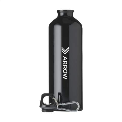 Single-walled, aluminium water bottle with high gloss finish, plastic screw cap with keyring and metal carabiner. The carabiner is not to be used for climbing. Leak-proof. Capacity 750 ml.