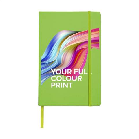 Notebook in A5 format with approx. 96 sheets/192 pages pages of cream coloured, lined FSC Mix certified paper (80 g/m²). With a bound spine, hard cover, pocket, elastic fastener and silk ribbon.