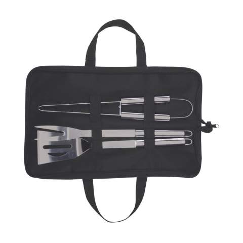 3-piece stainless steel BBQ set: spatula, fork and meat tongs. In a non-woven pouch with an extra 420D nylon pocket on the front.