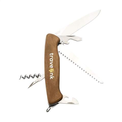Couteau Suisse original Victorinox avec manche en noyer. Chaque couteau est unique grâce au veinage naturel du bois. Les plaquettes intermédiaires sont en aluminium anodisé dur et les outils sont en acier 100 % recyclé. 6 pièces avec 10 fonctions : grand couteau avec blocage, scie à bois, tire-bouchon, ouvre-boîte avec petit tournevis de 3 mm, décapsuleur avec grand tournevis de 6 mm, pince à dénuder, poinçon avec poinçon et œillet et anneau porte-clés. Comprend un mode d'emploi et une garantie à vie contre les défauts de matériaux et de fabrication.     Victorinox est le symbole mondial de qualité, fiabilité, fonctionnalité et perfection. Attention, la législation en vigueur s'applique concernant la possession et / ou le transport de couteaux ou d'outils multifonctions en public. Emballage par pièce.