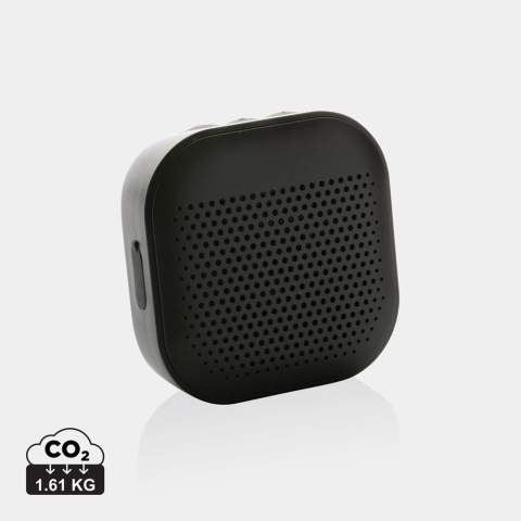 3W wireless speaker made with RCS (Recycled Claim Standard) certified recycled ABS. Total recycled content: 41% based on total item weight. RCS certification ensures a completely certified supply chain of the recycled materials. The speaker is equipped with a 400 mAh battery to ensure up to 3.5 hours of playing time and BT5.3 for smooth connection with clear sound. Connection range up to 10 metres. With mic to answer calls. Packed in FSC® mix box. Including RCS certified recycled TPE charging cable. Item and accessories 100% PVC free. IPX 4 waterproof.<br /><br />HasBluetooth: True<br />NumberOfSpeakers: 1<br />SpeakerOutputW: 3.00<br />PVC free: true