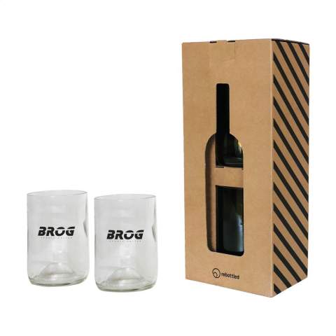Set of Rebottled® design drinking glasses made from upcycled wine bottles. Unique glasses in which you immediately recognise the original wine bottle. The glasses fit comfortably in your hand and have a smooth finish. Of high quality and suitable for water, soft drinks or cocktails. Dishwasher-safe up to 60C°. Washing by hand is recommended to preserve the imprint. Per set delivered in an original gift box made from recycled FSC®-certified cardboard. Dutch design. Made in Holland. Capacity approx. 400 ml per glass. Imprint only possible in black or white.     Rebottled® upcycles empty wine bottles into 100% circular design items.