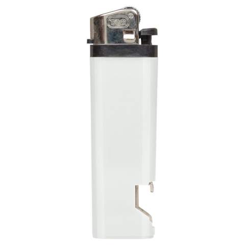 Disposable lighter with bottle opener. Child-resistant.