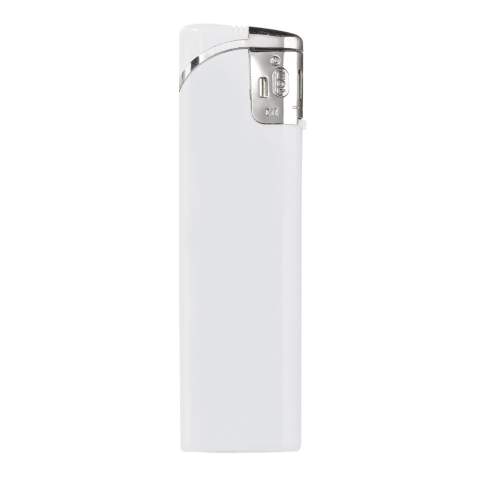 An electronic refillable lighter with silver cap. Child-resistant.