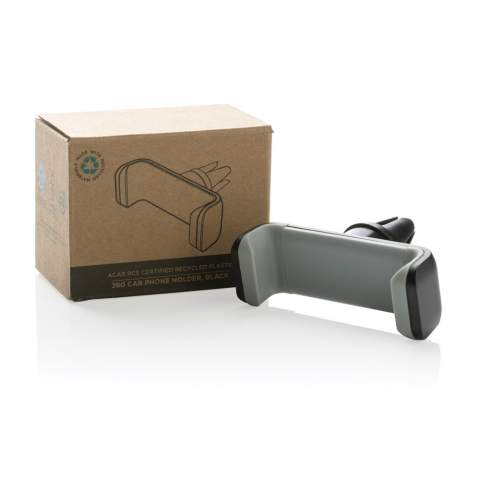 Universal and 360 degree rotatable car mount made with RCS (Recycled Claim Standard) certified recycled ABS. Total recycled content: 37% based on total item weight. RCS certification ensures a completely certified supply chain of the recycled materials. Simply click the item on your air vent and place your mobile phone (up to 6”) in the holder. Made out of heat resistant recycled ABS and strong silicone to make the item long lasting and prevent it from falling off your air vent while driving. With stainless steel mechanism inside to ensure your phone stays in place