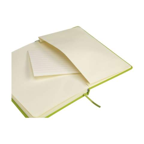 Notebook in A5 format with approx. 96 sheets/192 pages pages of cream coloured, lined FSC Mix certified paper (80 g/m²). With a bound spine, hard cover, pocket, elastic fastener and silk ribbon.