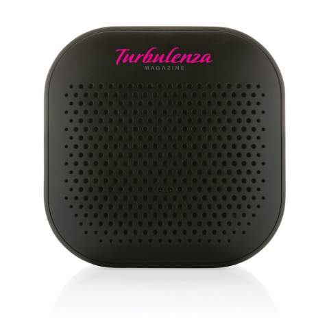3W wireless speaker made with RCS (Recycled Claim Standard) certified recycled ABS. Total recycled content: 41% based on total item weight. RCS certification ensures a completely certified supply chain of the recycled materials. The speaker is equipped with a 400 mAh battery to ensure up to 3.5 hours of playing time and BT5.3 for smooth connection with clear sound. Connection range up to 10 metres. With mic to answer calls. Packed in FSC® mix box. Including RCS certified recycled TPE charging cable. Item and accessories 100% PVC free. IPX 4 waterproof.<br /><br />HasBluetooth: True<br />NumberOfSpeakers: 1<br />SpeakerOutputW: 3.00<br />PVC free: true