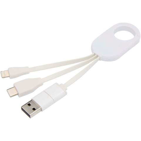 Le câble de charge 4-en-1 en plastique recyclé Troop, doté de connecteurs d’entrée USB-A et Type-C combinés à des connecteurs de sortie Type-C et combi Lightning/Micro USB, permet de charger la plupart des smartphones, appareils photo, batteries de secours et écouteurs. Le mousqueton intégré permet de l’attacher facilement à un sac ou à un porte-clés, pour que vous puissiez toujours alimenter vos appareils, où que vous soyez.