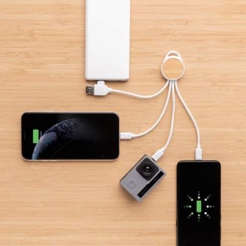 Compact and easy to carry multi cable made with certified recycled materials. Comes with 5 different connectors: USB C in, USB A in, type C out, IOS out and micro USB out. This also allows you to use the cable with type C output devices that are included in the newer generation of phones and macbook computers. The cable also has a USB A output input option so it can charge any device from any output source.  Casing made from FSC® bamboo and RCS recycled TPEmaterial. Cables made from RCS certified recycled TPE material. Total recycled content: 82% based on total item weight. Max cable length: 20 cm. Packed in FSC® mixed kraft sleeve packaging. PVC free.<br /><br />PVC free: true