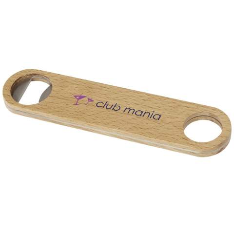 Flesopener van roestvrijstaal met houten oppervlak. Voorzien van een hanger aan het handvat.