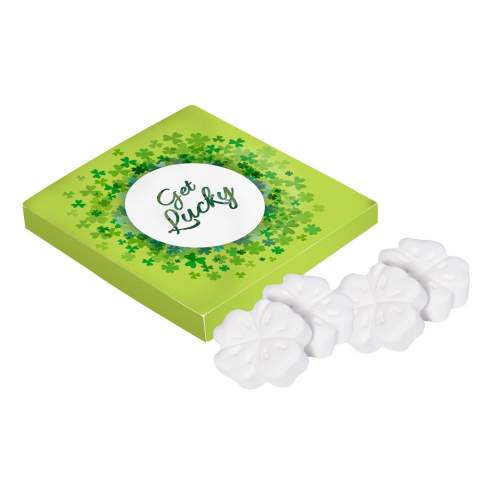 Full colour printed square box, filled with 4 clover shaped mints