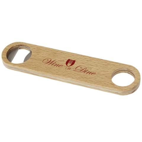 Flesopener van roestvrijstaal met houten oppervlak. Voorzien van een hanger aan het handvat.
