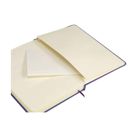 Bloc-notes compact format A5 avec environ 96 feuilles / 192 pages de couleur crème, papier ligné (80 g/m²) certifié FSC Mix. Avec reliure et couverture rigide, poche de rangement, fermeture élastique et marque-page ruban en soie.