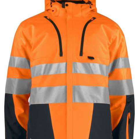• doorstikte, gewatteerde voering<br />• wind- en waterafstotend en ademende softshell<br />• met fleece gevoerde kraag<br />• afneembare capuchon<br />• ritssluiting aan de voorzijde die bedekt is met een flap. Deze stormflap kan afgesloten worden met drukknopen <br />• twee schuinlopende, verticale borstzakken, de linker met telefoonzakje binnenin <br />• twee zijzakken<br />• één mouwzakje op linkermouw<br />• lus voor badgehouder<br />• ventilatiegaten onder de armen met ritssluiting<br />• aanpasbare taille<br />• aanpasbare manchetten<br />• langer rugpand<br />• reflecterende biezen op mouwen en rug