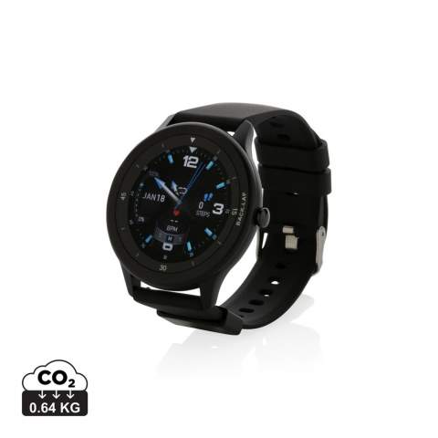 Modern high performance watch with 1.28" round fast responsive full touch screen to track your activities all day long. With high resolution display. Made with RCS (Recycled Claim Standard) certified recycled TPU armband and zinc alloy frame. Total recycled content: 23% based on total item weight. RCS certification ensures a completely certified supply chain of the recycled materials. Features include: Step count, calories, distance, multi-sport (24 types) tracking alarm clock, heart rate tracking, blood pressure monitoring, sleep monitor calendar updates. Notifications: SMS, Facebook, Skype, WhatsApp, Twitter etc. Compatible with Android 4.4 and IOS 8.0 and above. IPX 68 water and dustproof. BT 5.0. Standby time of 25 days and working time up to 7 days. Including clip charger to charge the watch. Packed in FSC® mix kraft packaging. Item and accessories 100% PVC free.<br /><br />HasBluetooth: True<br />PVC free: true