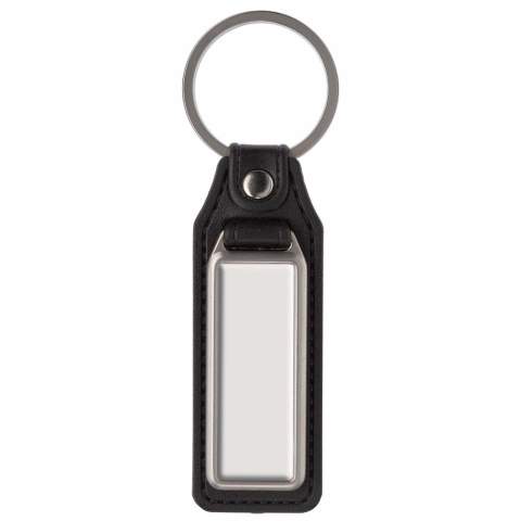 A metal rectangular keyring with a single sided doming on leather tag.