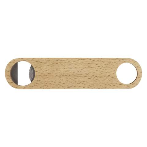 Flesopener van roestvrijstaal met houten oppervlak. Voorzien van een hanger aan het handvat.