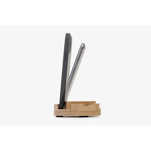 This spinning phone stand is made from bamboo.  A handy phone stand for video calls, video watching, or just to always have your phone ready to unlock with Face ID.  The spinning dock has three slots in different widths to make sure all phones, and most phone covers will fit. Whether you want to have your phone more upright during a video call. Or more laidback when binging your favorite show. This product is made from bamboo. Bamboo is a fast growing plant with timber specs. It grows to maturity in 5 years versus 30 – 120 years for timbers. After a bamboo plant is harvested, four to seven new plants will grow from its roots. No replanting necessary, just like that, made possible by nature.  Bamboo is known for its hard surface, making it a robust and long lasting material. Despite its hardness it is very suitable to craft. That’s why our Docks are so nicely rounded. Each item is supplied in an individual brown cardboard box.