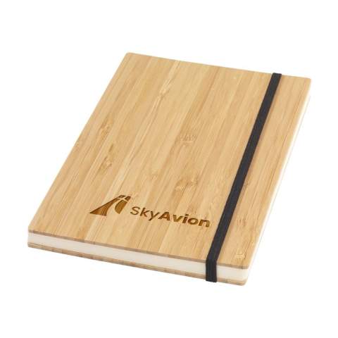WoW! A5 size notebook with sturdy, FSC 100% certified bamboo hardcover. A striking feature is the naked spine binding. This feature is specially designed to have the open notebook lay as flat as possible. This makes it much easier to take notes and sketch. This notebook features a handy closing elastic and approx. 96 sheets/192 pages of cream-coloured, lined, FSC Mix certified paper.