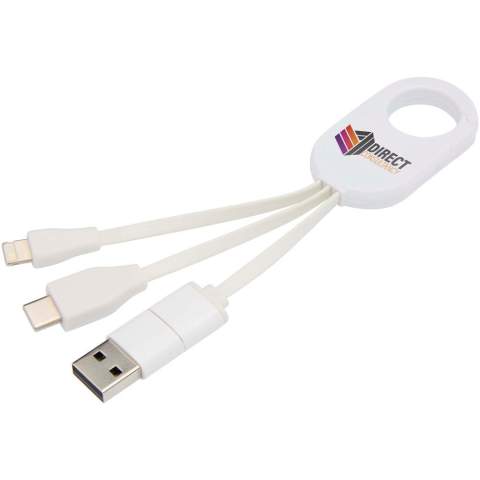 Le câble de charge 4-en-1 en plastique recyclé Troop, doté de connecteurs d’entrée USB-A et Type-C combinés à des connecteurs de sortie Type-C et combi Lightning/Micro USB, permet de charger la plupart des smartphones, appareils photo, batteries de secours et écouteurs. Le mousqueton intégré permet de l’attacher facilement à un sac ou à un porte-clés, pour que vous puissiez toujours alimenter vos appareils, où que vous soyez.