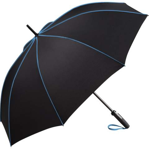 Stylish automatic umbrella in medium size with coloured highlights Convenient automatic function for quick opening, high-quality windproof system for maximum frame flexibility in stormy conditions, flexible fibreglass ribs, striking cover decoration with coloured panel seam pipings, matt/shiny contrasting Soft-Touch handle with integrated push-button and promotional labelling option, coloured handle strap, higher corrosion protection due to black galvanisation of the steel shaft. Also available as mini umbrella (art. 5639).