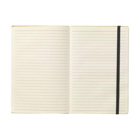 WoW! A5 size notebook with sturdy, FSC 100% certified bamboo hardcover. A striking feature is the naked spine binding. This feature is specially designed to have the open notebook lay as flat as possible. This makes it much easier to take notes and sketch. This notebook features a handy closing elastic and approx. 96 sheets/192 pages of cream-coloured, lined, FSC Mix certified paper.