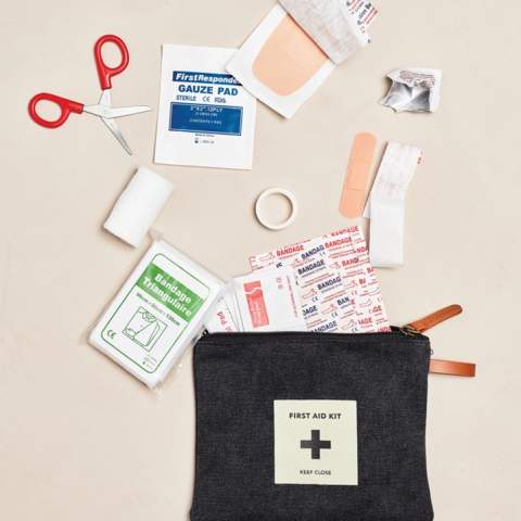 A first aid kit from our popular Asado-series. The fabric bag with a zipper contains everything you need in case of minor accidents such as band-aids, scissors, bandages, etc. Packed in a plastic bag.
