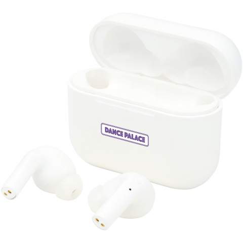 True Wireless auto pair earbuds is an upgraded version with improved sound quality and size, and wireless charging of the battery. Features Bluetooth® 5.1, auto-pairing, auto power-on, built-in music controls, and dual microphones for hands free operation. Once the earbuds are removed from the case, they will power on and automatically sync to each other, no more hassle of trying to get the earbuds synchronized! The case also functions as a powerbank for the earbuds and can be charged with the included Type-C cable. Once the 400 mAh battery of the case is charged, it will charge the earbuds 3x from 0-100%. With over 6 hours of playback time at max volume on a single charge these earbuds are a must for any traveler. The ergonomic design of the earbuds keep them in place while on-the-go. It takes 1.5 hours to charge the earbuds from 0-100%. The case can be charged in under 1.5 hours. Supports Siri and Google Assistant. Bluetooth® working range is 10 meters. Delivered in a premium gift box.