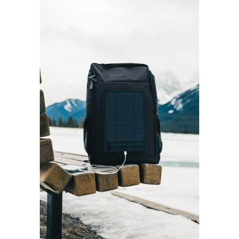 This modern AWARE™ RPET backpack accompanies you on every adventure. With deep vertical front pockets and a neat easy access opening that reveals a roomy interior complete with a 15.6 inch laptop compartment. The attached 5W solar panel allows direct charging to your mobile device, speaker, powerbank or other device. Simply connect your cable to the device while the panel is in sunlight and start charging. Charge rate depends on conditions. The panel uses high quality monocrystalline solar panels with 21% conversion rate. With USB A and Type C output (max 5V/1A) and charge indicator to show charging speed. Charging speed solar: 5V/1000mA. Made with PET material and RCS certified recycled ABS. Including integrated stand function to use the solar panels at an optimal angle. IPX 6 waterproof. Packed in FSC® mix packaging. 2% of proceeds of each AWARE™ product sold will be donated to Water.org. PVC free.<br /><br />FitsLaptopTabletSizeInches: 15.6<br />PVC free: true