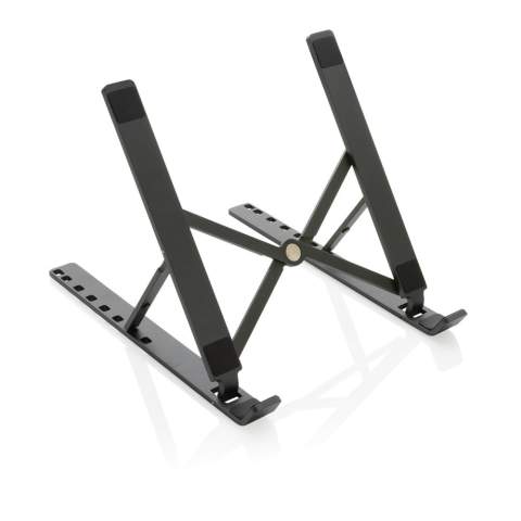 Aluminium laptop stand made with RCS (Recycled Claim Standard) certified recycled aluminium and TPU. Total recycled content: 99% based on total item weight. RCS certification ensures a completely certified supply chain of the recycled materials. The stand is foldable and can hold any laptop up to 15.6”. The stand can be adjusted to 8 different angles for optimal ergonomic posture when working on your laptop. Aluminium does not lose its characteristics in the recycling process and can be recycled endlessly. Compatible with most common tablets and laptops. With RCS certified recycled TPU strips at the bottom to avoid slipping. Packed in FSC® mix packaging.<br /><br />PVC free: true