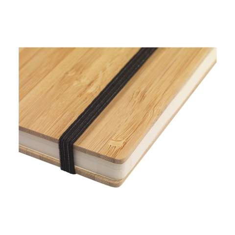 WoW! A5 size notebook with sturdy, FSC 100% certified bamboo hardcover. A striking feature is the naked spine binding. This feature is specially designed to have the open notebook lay as flat as possible. This makes it much easier to take notes and sketch. This notebook features a handy closing elastic and approx. 96 sheets/192 pages of cream-coloured, lined, FSC Mix certified paper.
