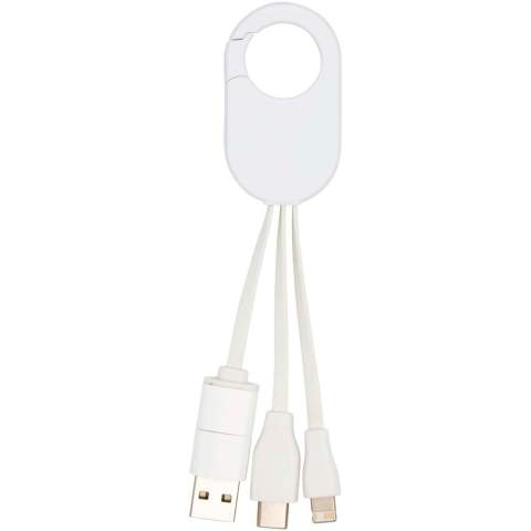 Le câble de charge 4-en-1 en plastique recyclé Troop, doté de connecteurs d’entrée USB-A et Type-C combinés à des connecteurs de sortie Type-C et combi Lightning/Micro USB, permet de charger la plupart des smartphones, appareils photo, batteries de secours et écouteurs. Le mousqueton intégré permet de l’attacher facilement à un sac ou à un porte-clés, pour que vous puissiez toujours alimenter vos appareils, où que vous soyez.