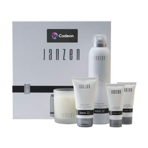 Een cadeaupakket met 5 producten in de geur Black 22 van het merk Janzen. Gegarandeerd een zengevoel met de home- en bodyproducten in deze giftset. Inhoud: • Shower Foam - 200 ml • Scented Candle - 120 gr • Hand Cream 75 ml • Body Lotion - 40 ml • Shower Gel - 40 ml. Vijf heerlijke home- en bodyproducten die zorgen voor ultieme geluks- en ontspanningsmomenten. Een fris-warme geur, balancerend tussen licht en intens. Black 22 is een rijk bouquet van onder andere bergamot en hete kruiden, tropische schorsen en zoete tonkabonen – ook wel bekend als de ‘verboden vrucht’. De fijne producten zijn verpakt in een luxe geschenkdoos. Per set in doos.