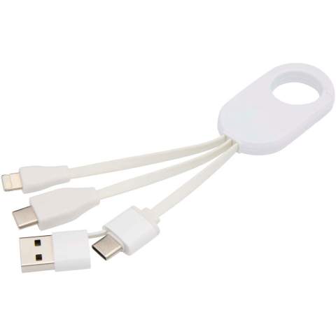 Le câble de charge 4-en-1 en plastique recyclé Troop, doté de connecteurs d’entrée USB-A et Type-C combinés à des connecteurs de sortie Type-C et combi Lightning/Micro USB, permet de charger la plupart des smartphones, appareils photo, batteries de secours et écouteurs. Le mousqueton intégré permet de l’attacher facilement à un sac ou à un porte-clés, pour que vous puissiez toujours alimenter vos appareils, où que vous soyez.