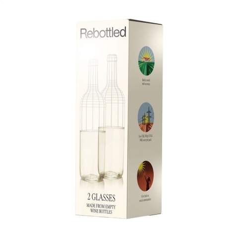 Set of Rebottled® design drinking glasses made from upcycled wine bottles. Unique glasses in which you immediately recognise the original wine bottle. The glasses fit comfortably in your hand and have a smooth finish. Of high quality and suitable for water, soft drinks or cocktails. Dishwasher-safe up to 60C°. Washing by hand is recommended to preserve the imprint. Per set delivered in an original gift box made from recycled FSC®-certified cardboard. Dutch design. Made in Holland. Capacity approx. 400 ml per glass. Imprint only possible in black or white.     Rebottled® upcycles empty wine bottles into 100% circular design items.