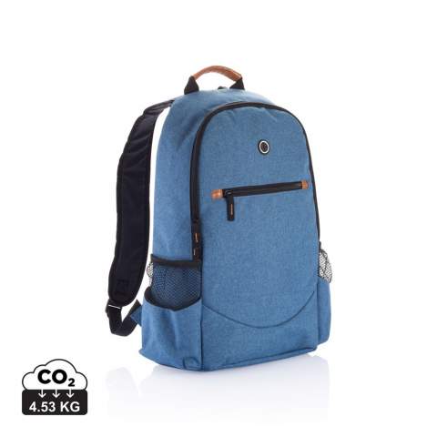 600D 2 tone polyester backpack with fashionable brown details on the handles and zippers.<br /><br />FitsLaptopTabletSizeInches: 15.0<br />PVC free: true